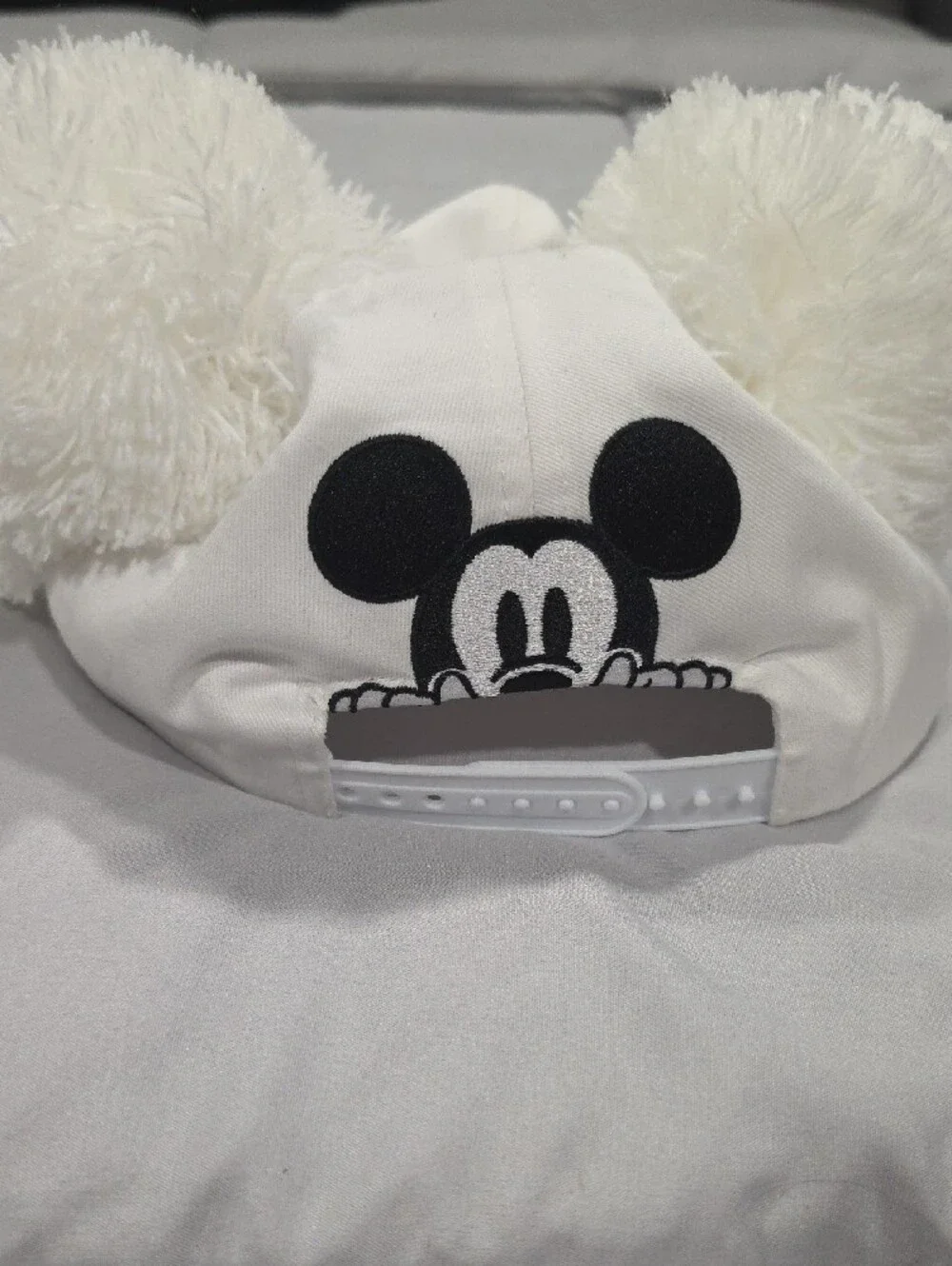 Disney White Kids Pom Hat with Mickey Mouse Script